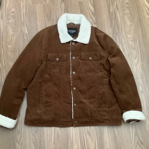 GUESS  Sherpa Trimmed Corduroy Trucker Jacket  Brown Women Size XL - Picture 6 of 12